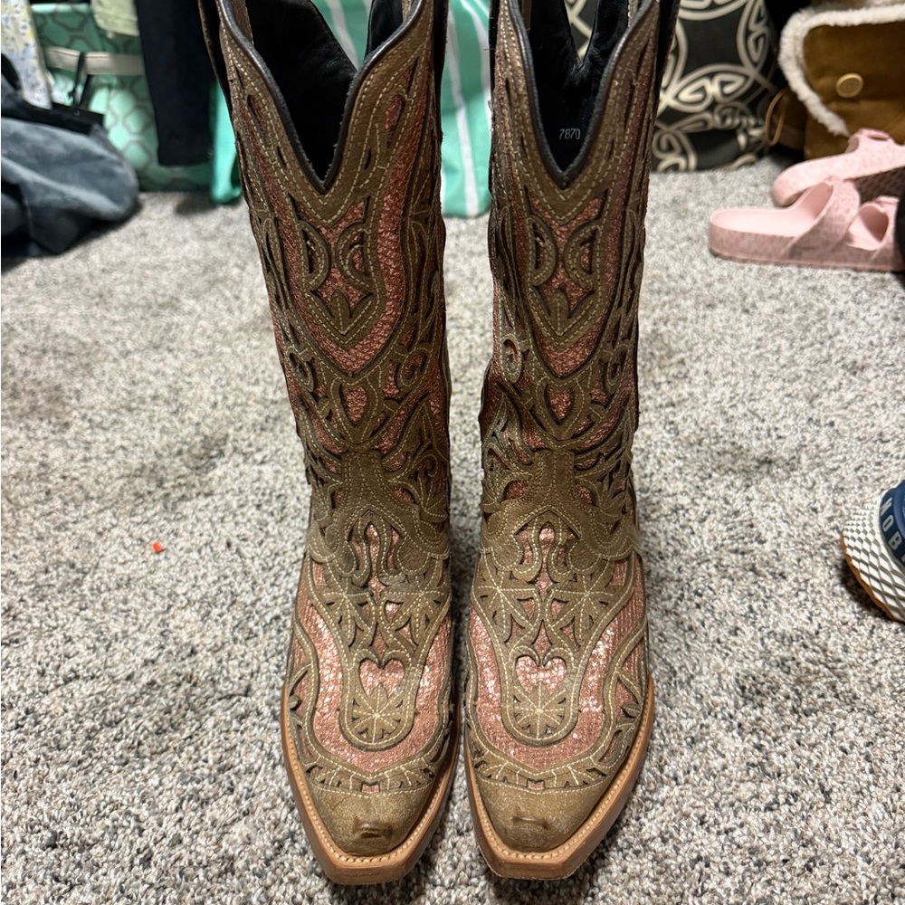 J.B. Dillon Western Boots light brown with pink metallic sequin